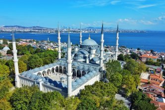 Beautiful drone view of the Blue Mosque or Sultanahmet Mosque on a bright sunny day, Istanbul, Turkey.