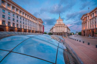 View of the Party House, at present National Assembly,  finished in 1954. The building, once the headquarters of the Bulgarian Communist Party, now houses the National Assembly of Bulgaria