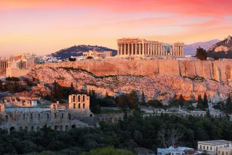 Acropolis of Athens, Greece, with the Parthenon Temple during sunset