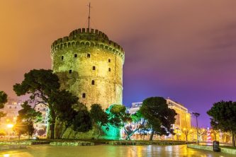 White Tower of Thessaloniki in Greece at night